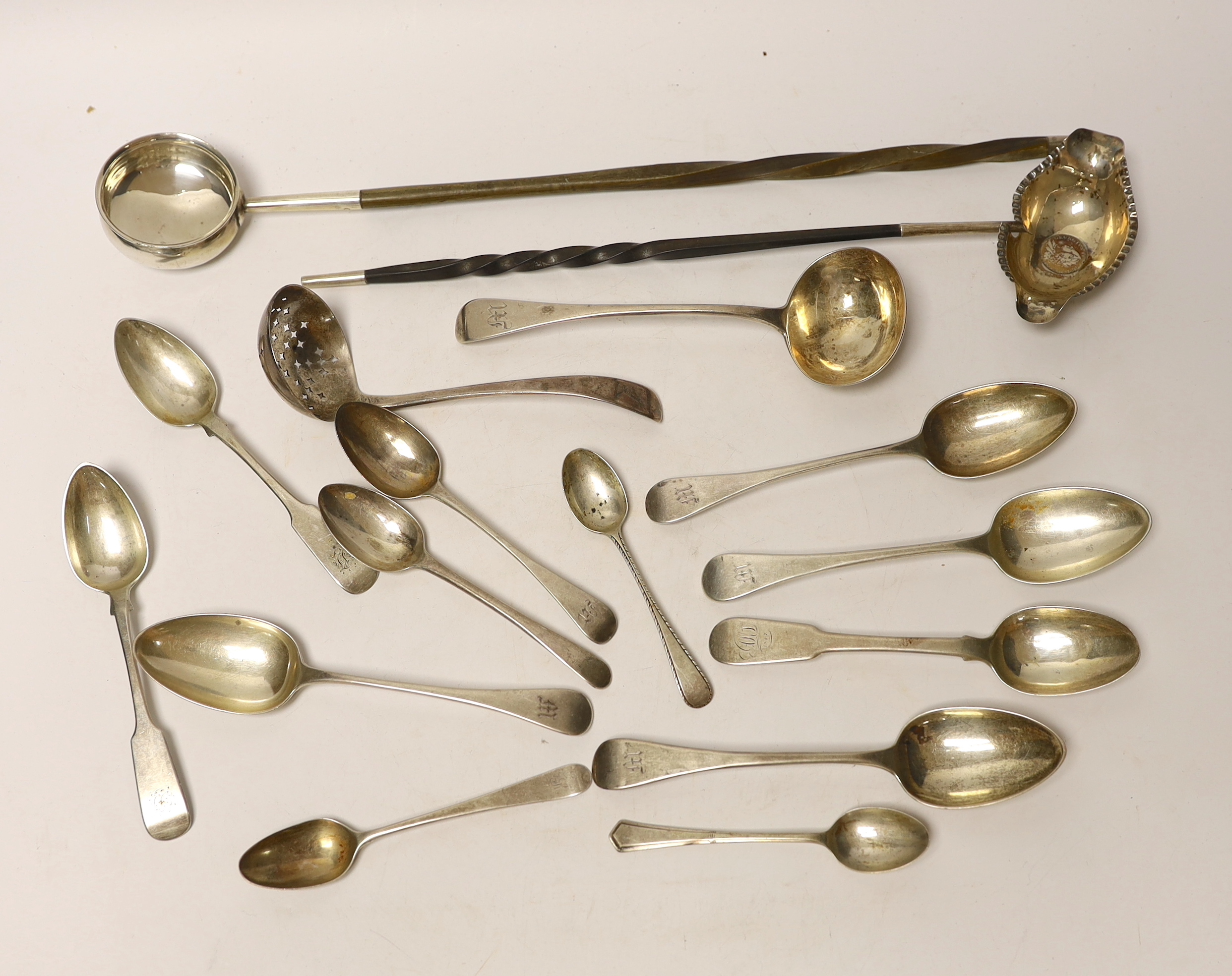Two 19th century toddy ladles, including Scottish silver and a small quantity of assorted 19th century silver flatware, 15oz.